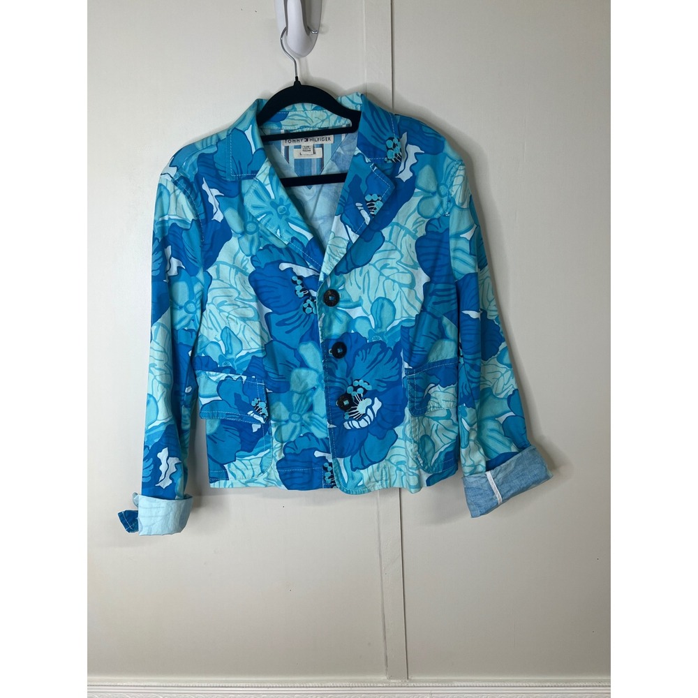 Tommy Hilfiger Womens Blue Floral Stretch‎ Jacket Tropical Button Front Blazer L